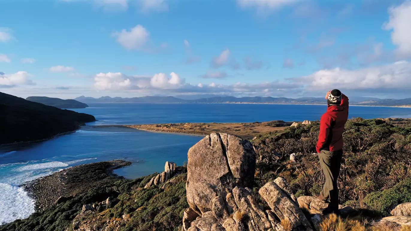Person in red jacket standing on rocky hill overlooking coastal ocean and hills under a blue sky. Credit: New Zealand Fine Touring